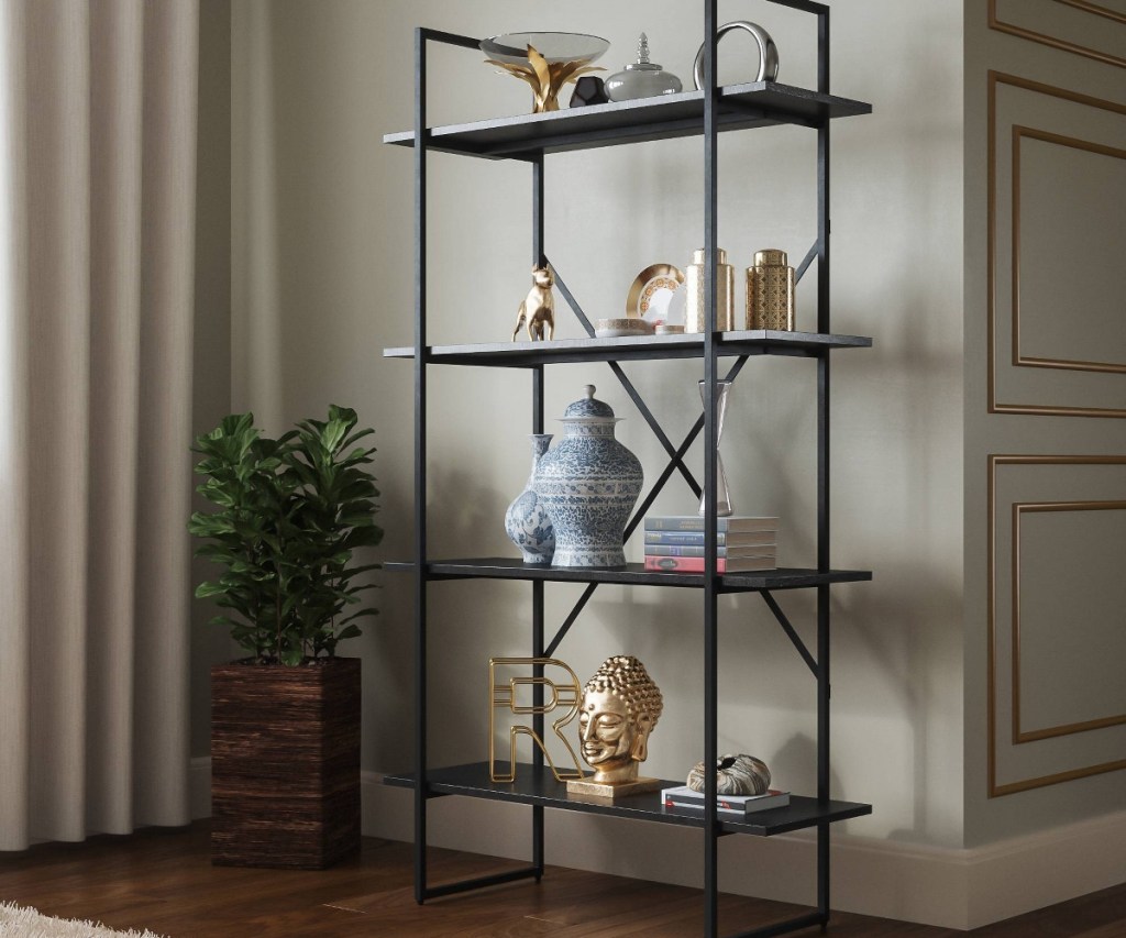 black metal exposed bookcase in home
