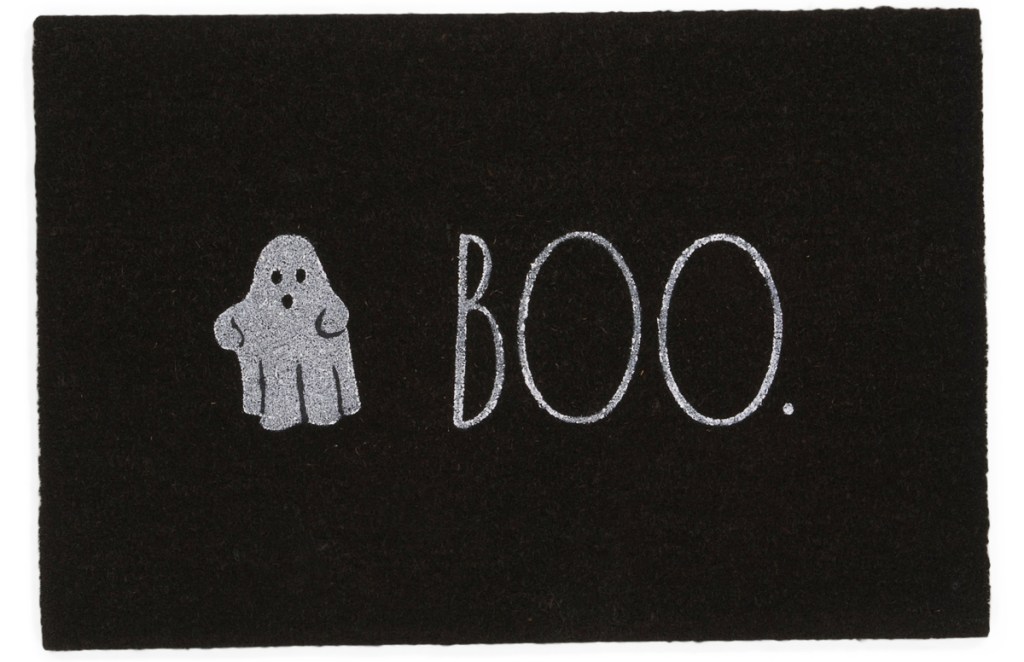 black doormat with ghost that says boo