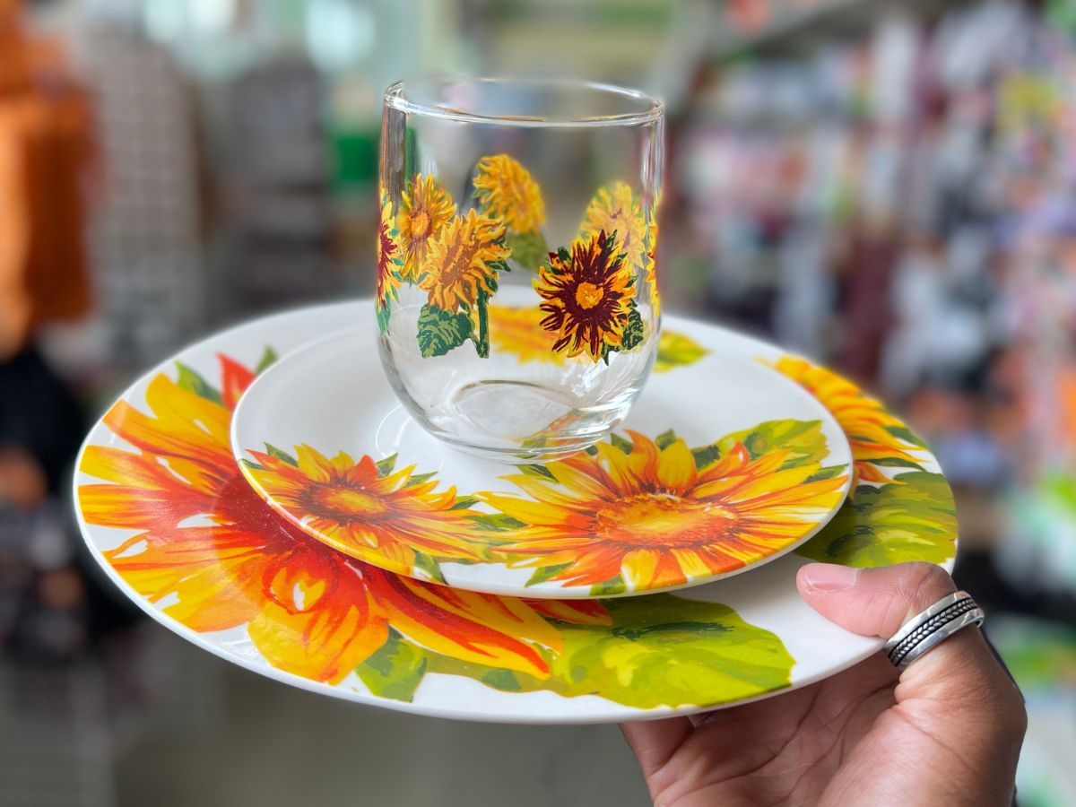 The Popular Dollar Tree Sunflower Dinnerware is Back | Mugs, Wine ...