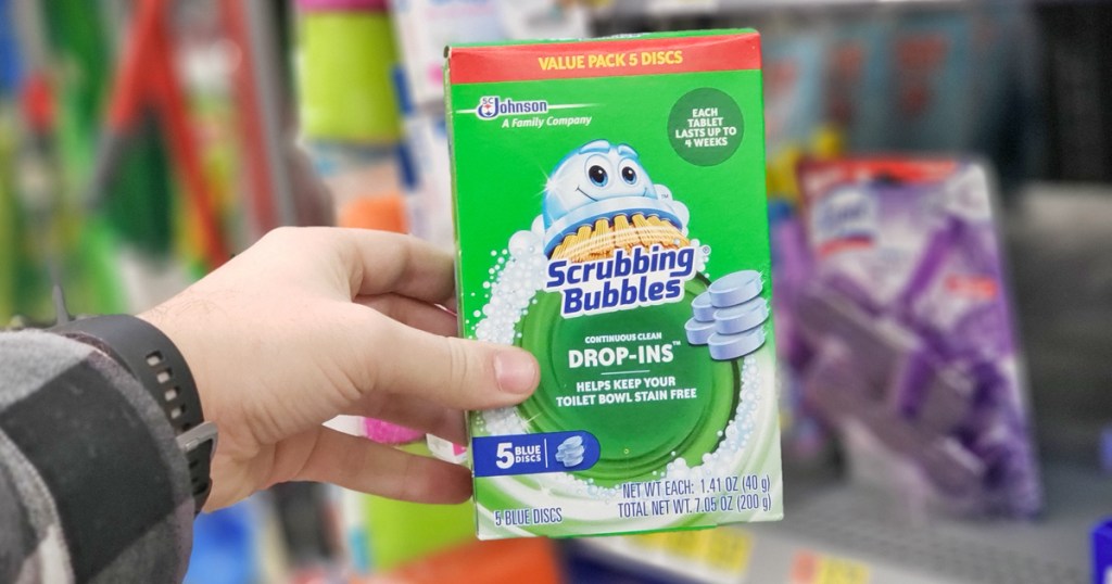 hand holding box of Scrubbing Bubbles Drop-Ins
