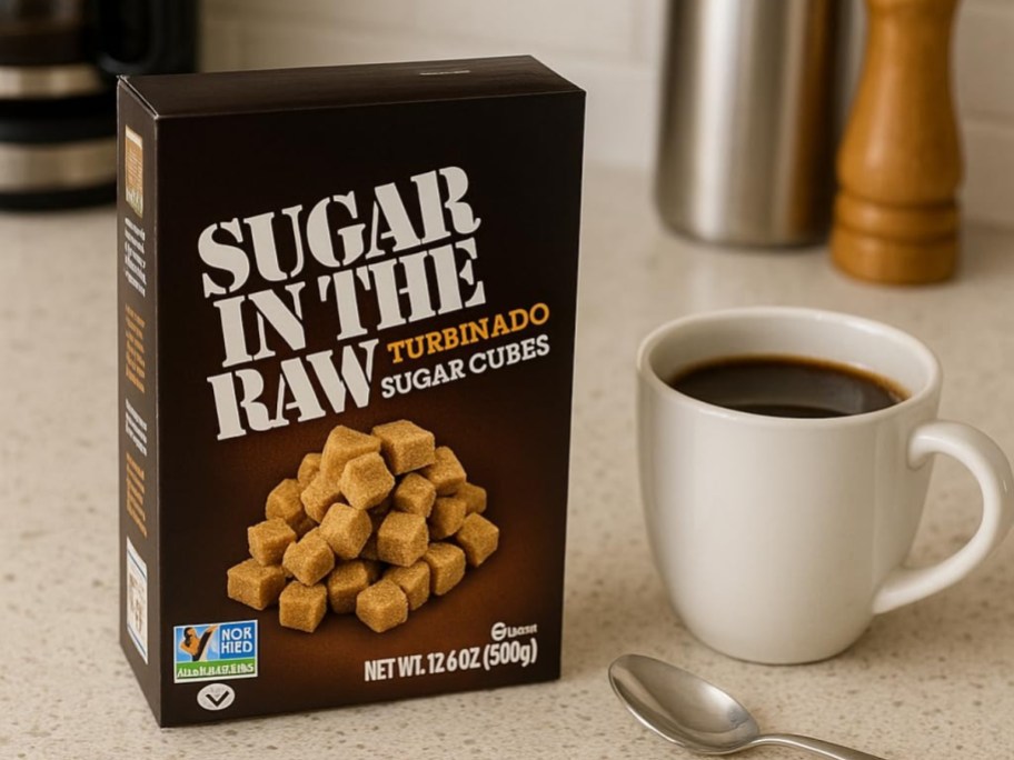 box of sugar in the raw turbinado sugar cubes on kitchen counter next to cup of coffee and spoon