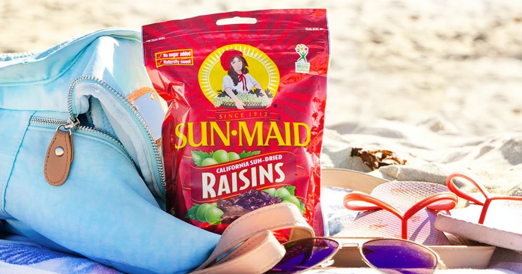 bag of sun-maid raisins at the beach