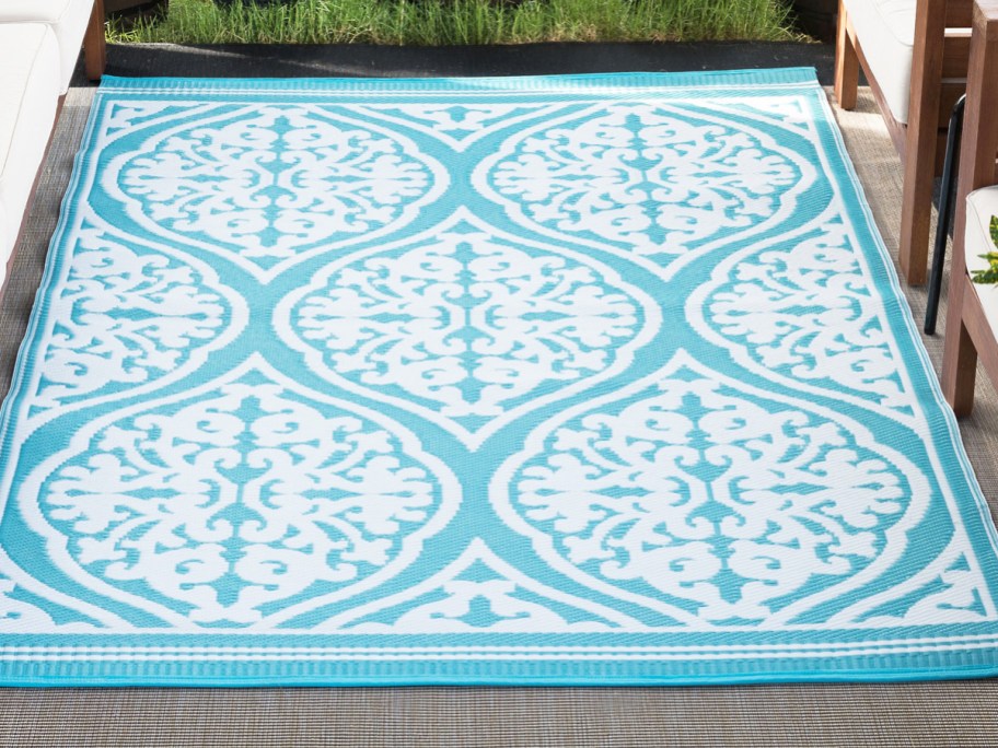 aqua blue and white outdoor area rug