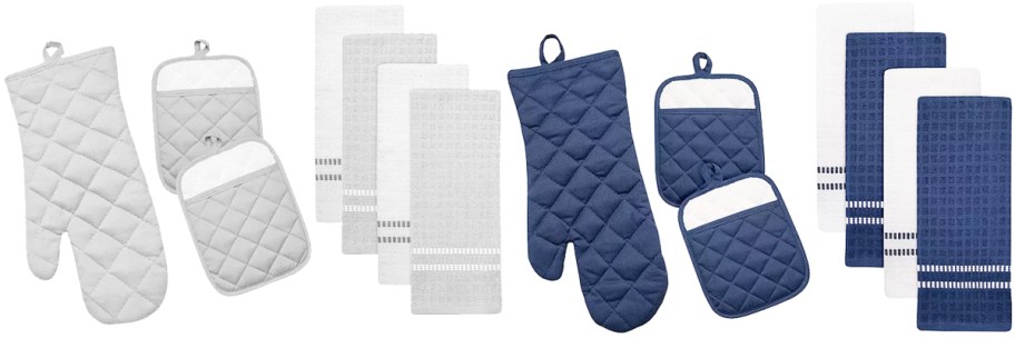 grey and blue kitchen towel and oven mitts sets