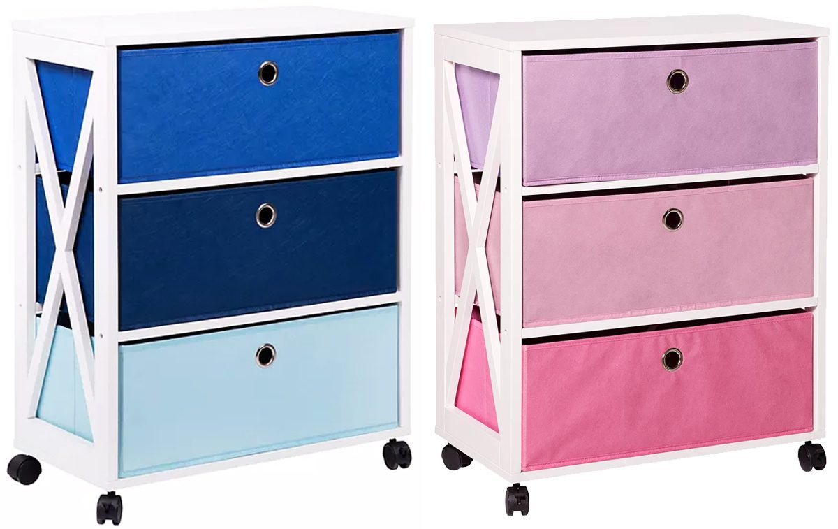 blue and pink 3 drawer storage towers