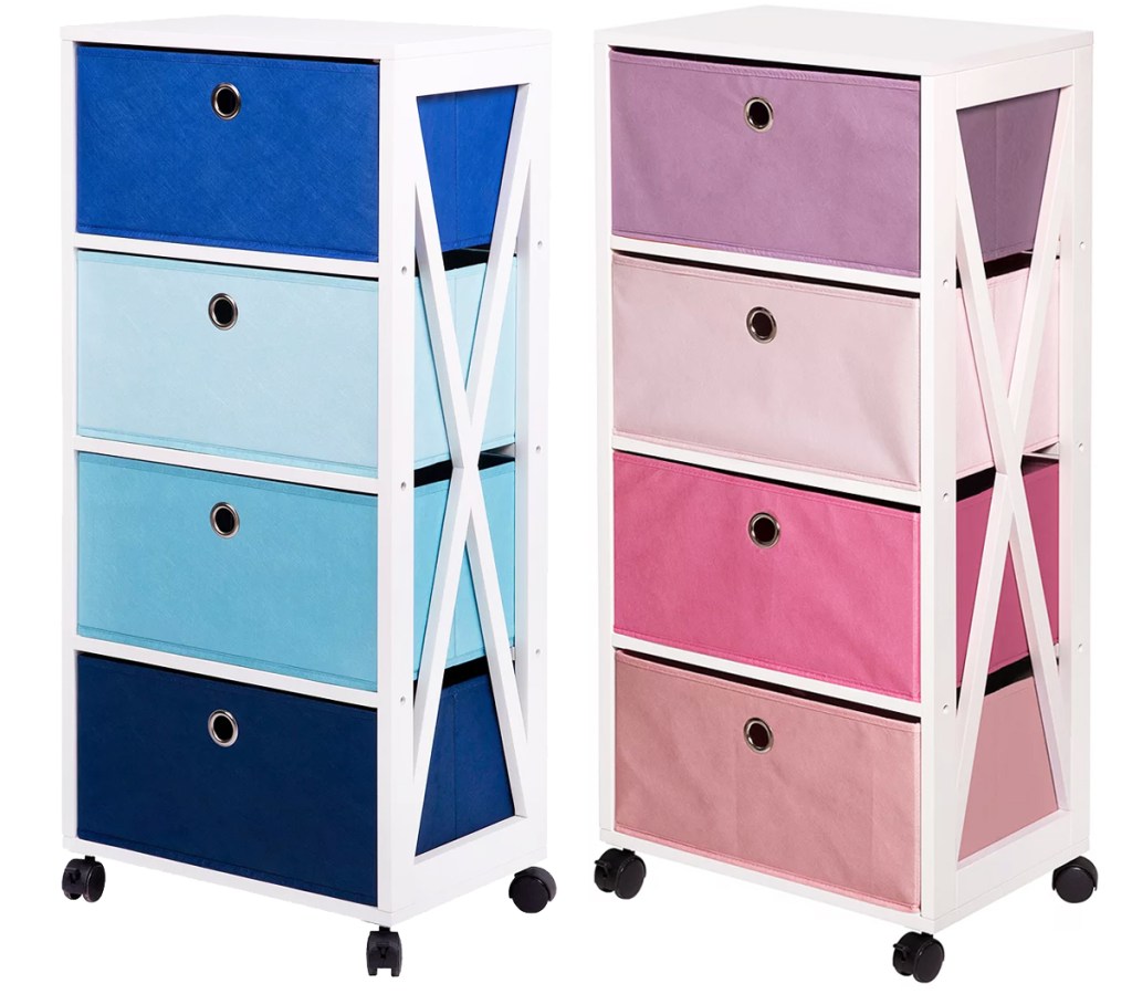 blue and pink 4 drawer storage towers