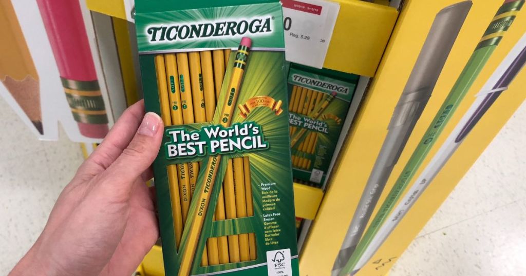 hand holding a pack of Ticonderoga Pencils