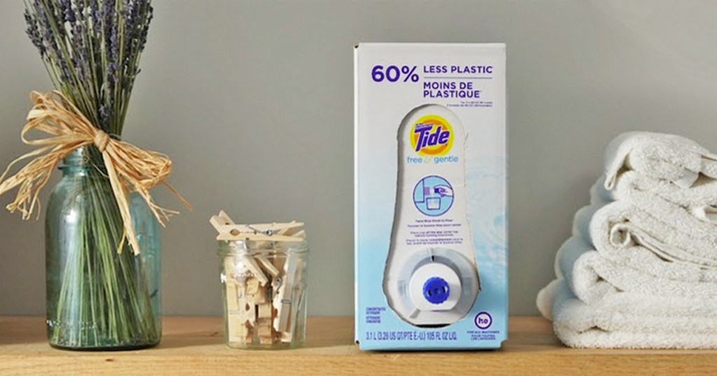 tide free & clear eco box on laundry shelf