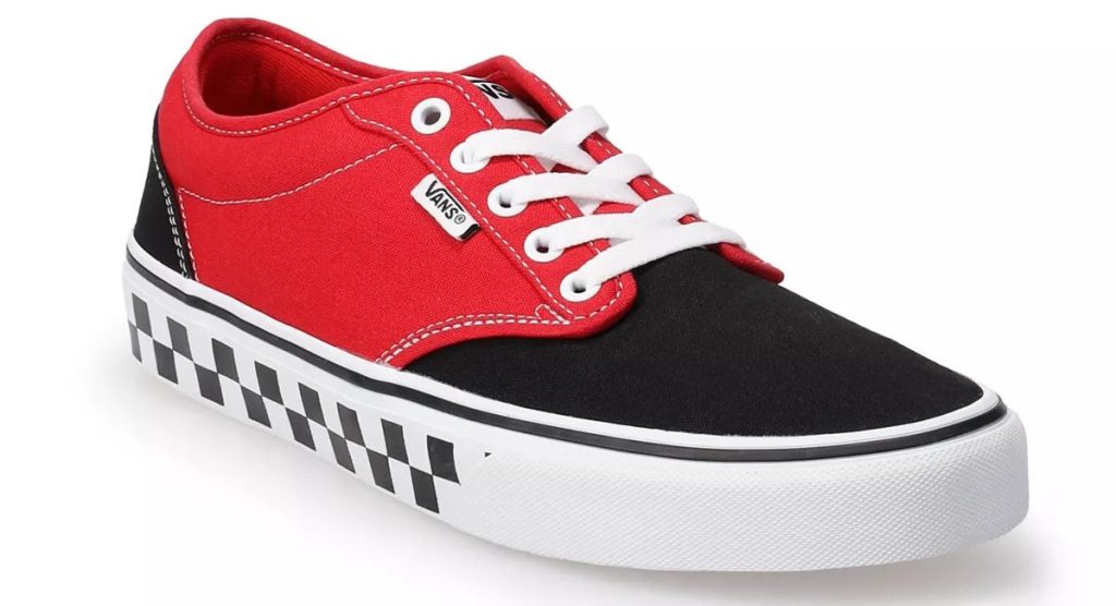 men's red, black, and white Vans shoe