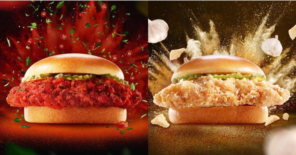 two Wingstop chicken sandwiches in different flavors