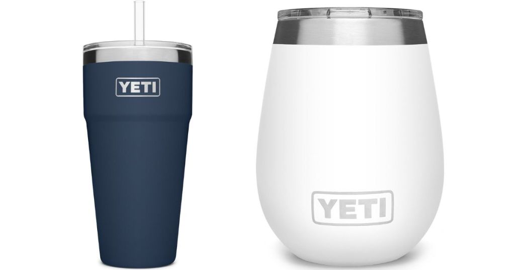 blue YETI mug with straw and white YETI wine tumbler