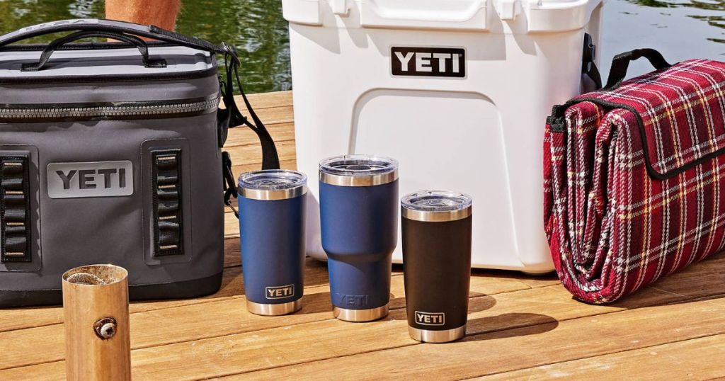 YETI coolers and tumblers on pier