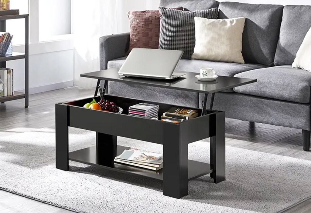black lift top coffee table in living room