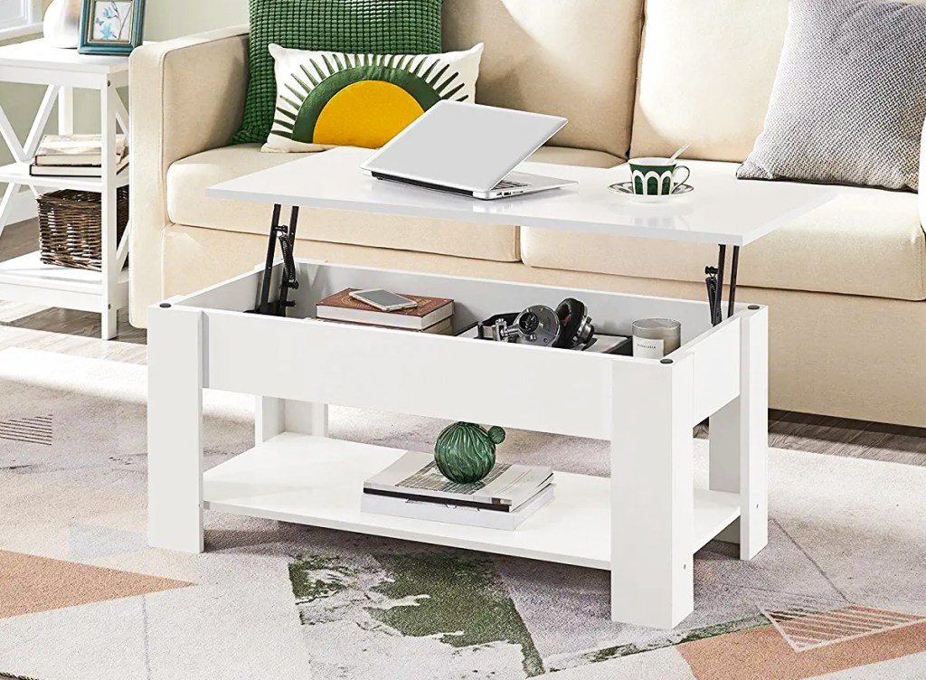 white lift top coffee table in living room