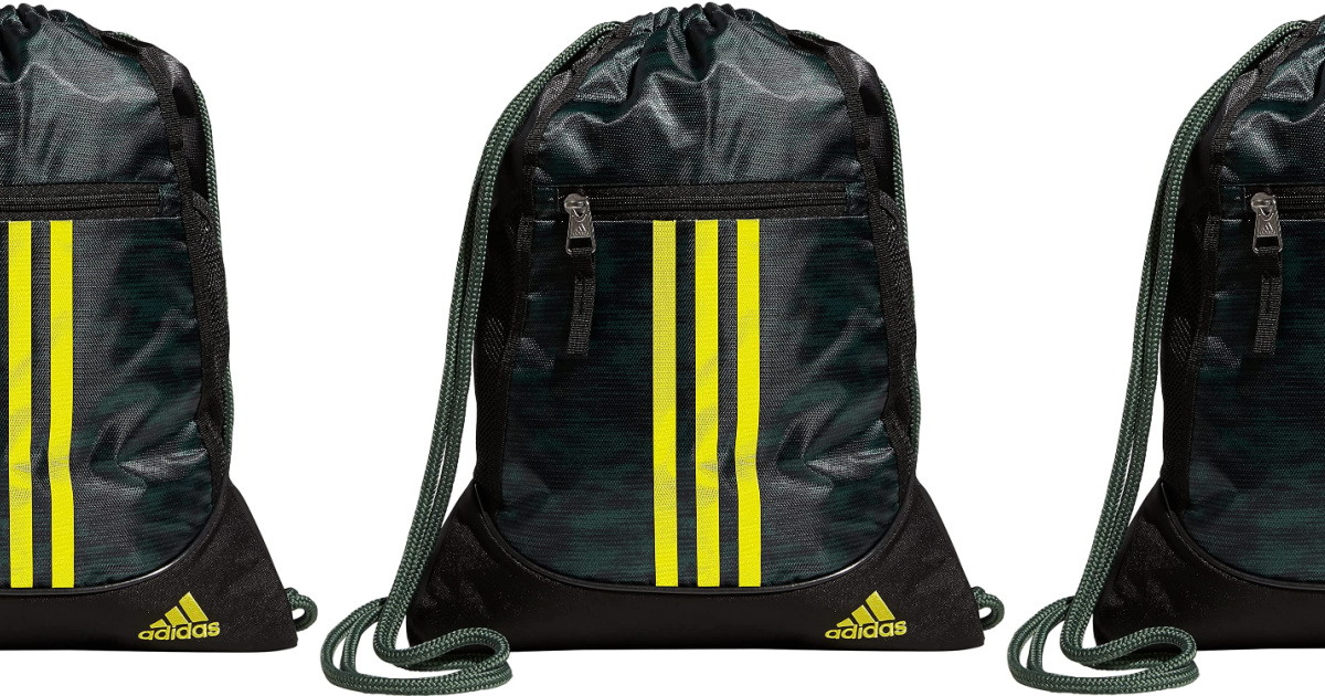 three side by side stock images of a black and yellow adidas sackpack