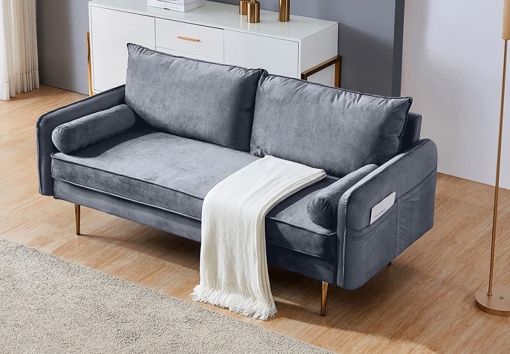 blue grey velvet couch from amazon