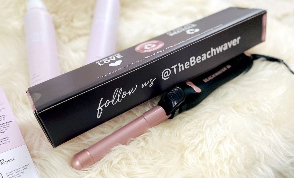 beachwaver curling iron on fur rug with box