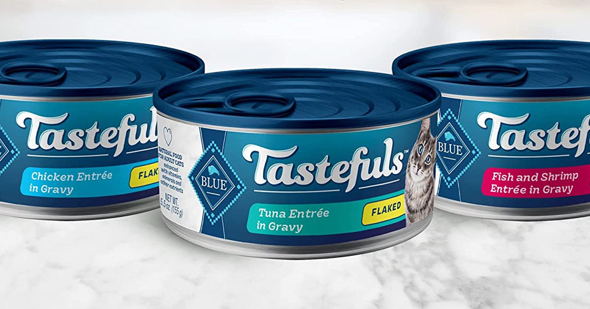 three cans of blue buffalo cat food superimposed onto a counter
