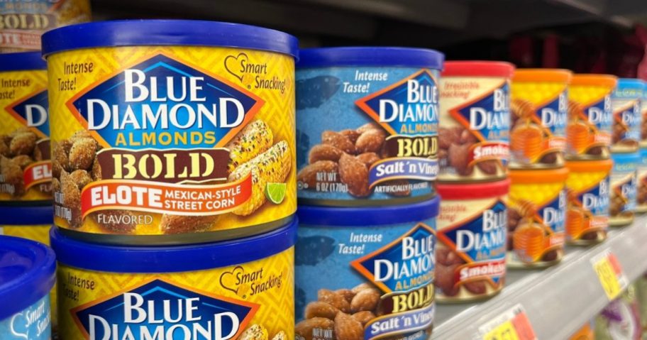 cans of Blue Diamond Almonds on store shelf