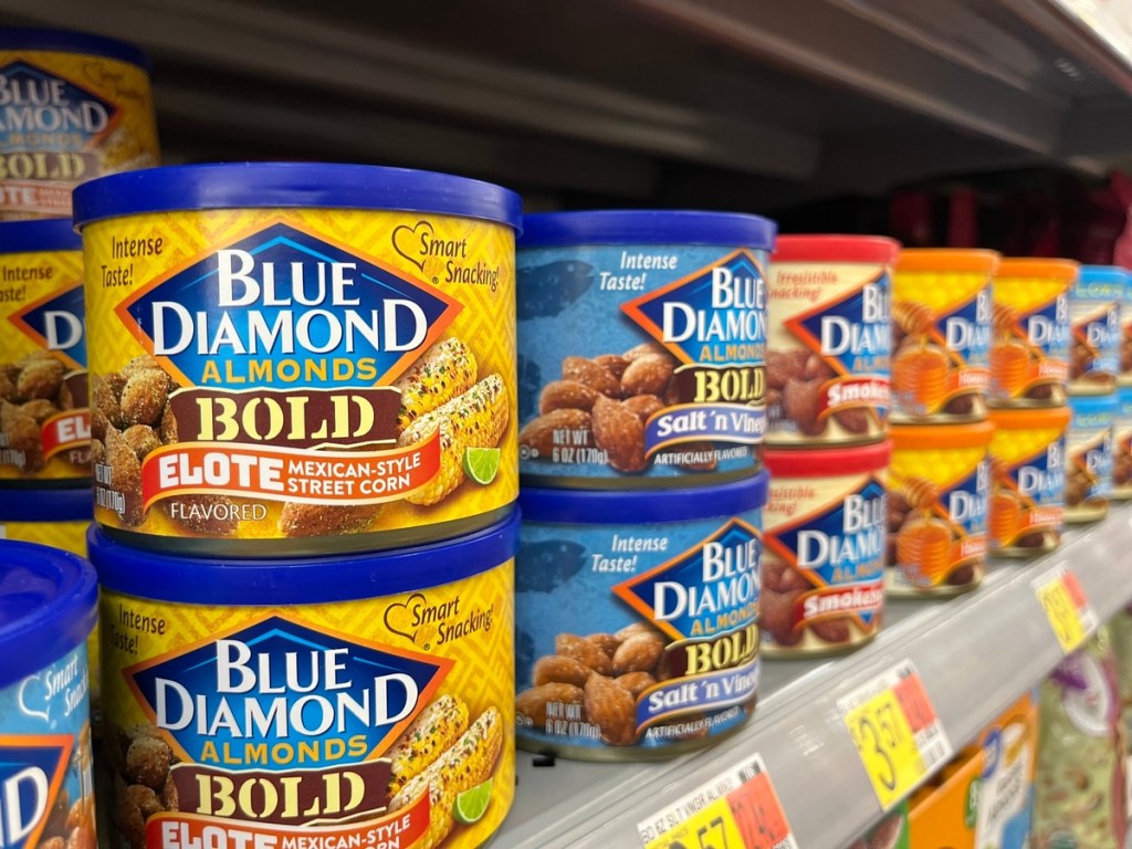 cans of Blue Diamond Almonds on store shelf