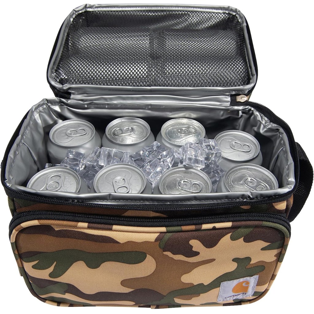camo lunch box with cans and ice inside