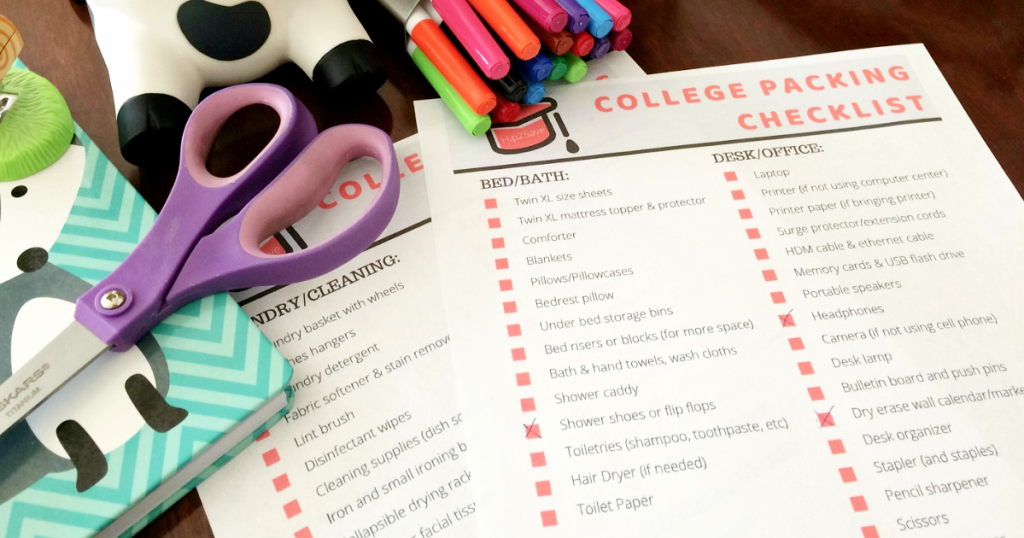 dorm room essentials next to a college dorm checklist