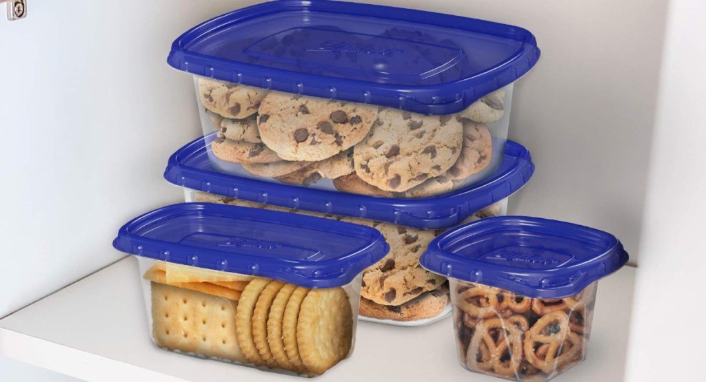 display of ziploc containers in different sizes filled with snacks