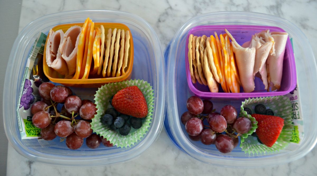 Two DIY Lunchables on a kitchen counter