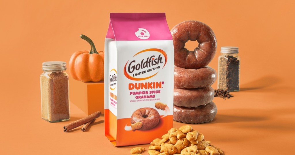 bag of pumpkin spice Goldfish next to doughnuts