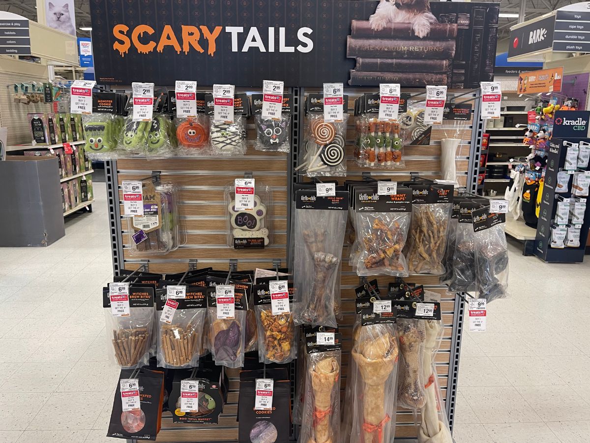 a selection of halloween dog treats in a petsmart store