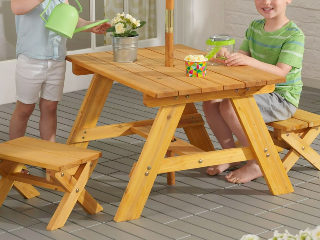 kid craft table on porch with kids