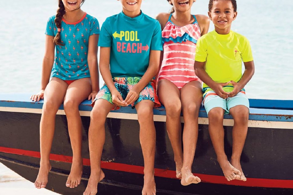 kids wearing lands end swimwear