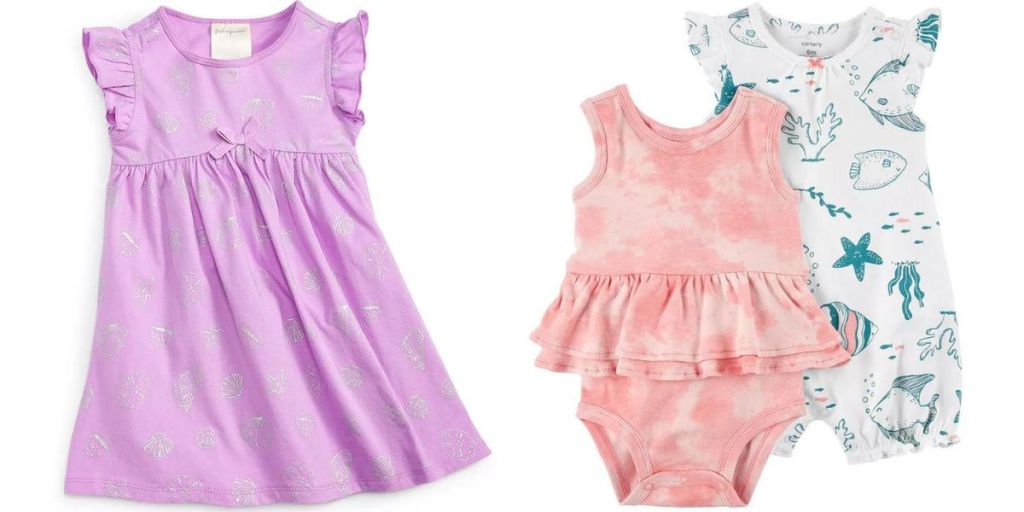 purple baby dress and 2 baby rompers