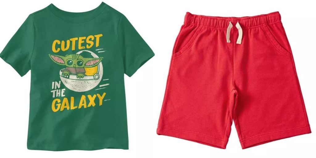 boys graphic tee and red shorts