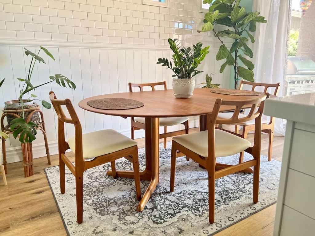 mid century modern teak table in dining room