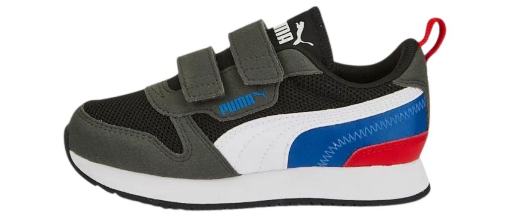 black, blue, red, and white, puma kids shoes
