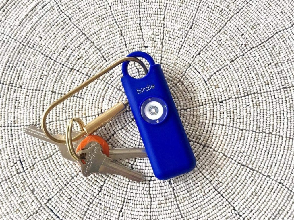 blue personal alarm on a keychain