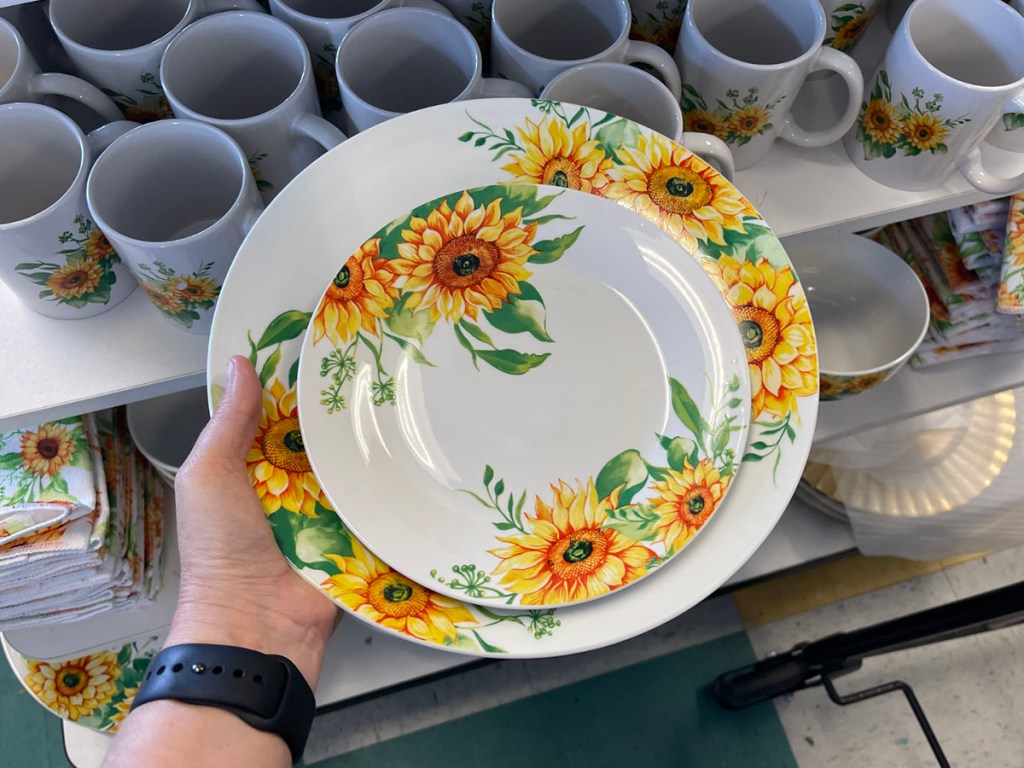 hand holding two sunflower plates