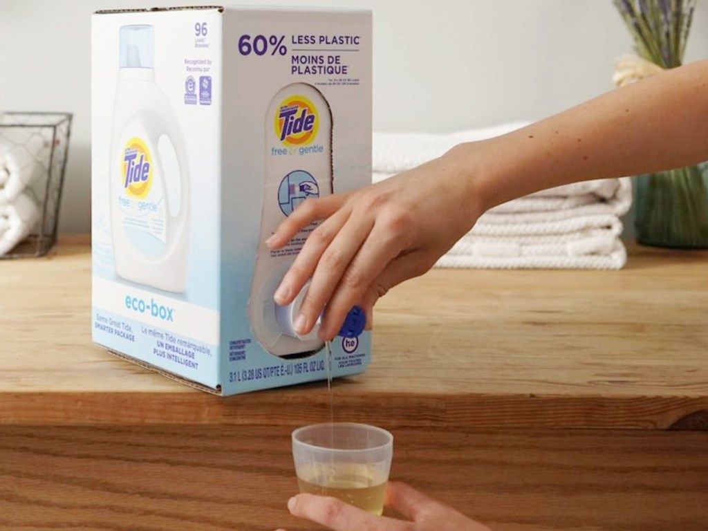 tide eco box with woman pouring out in cup