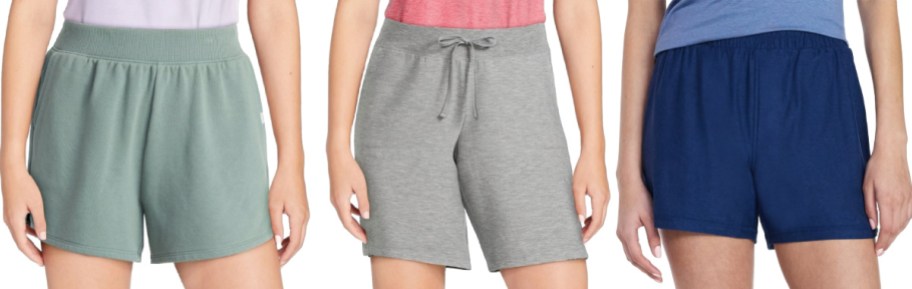 Three pairs of women's shorts in different colors: green, gray, and navy blue.