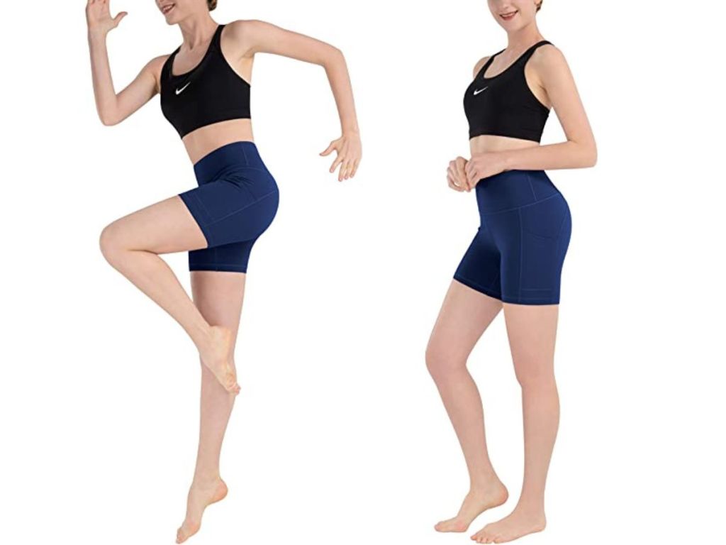 woman wearing blue yoga shorts