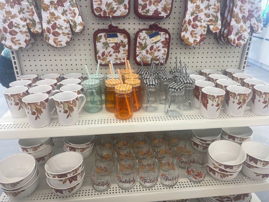 Fall Leaves Pot Holders, Oven Mitts, Coffee Mugs, Cereal Bowls, Glasses and Mason Jar Tumblers at Dollar Tree