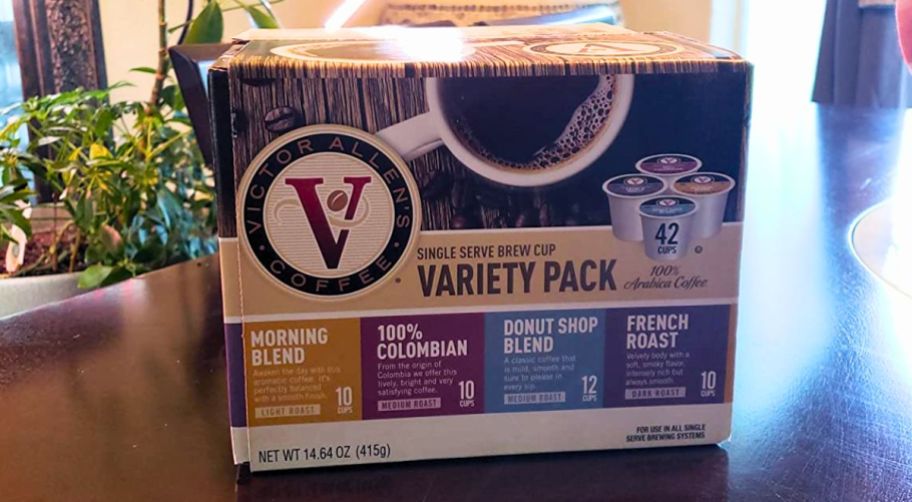 42 count variety box of victor allen k cups on a dining table