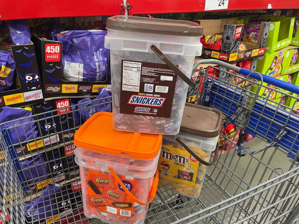 Giant Containers of Snicker's, Reese's Cups and M&M packs in cart at Sam's Club
