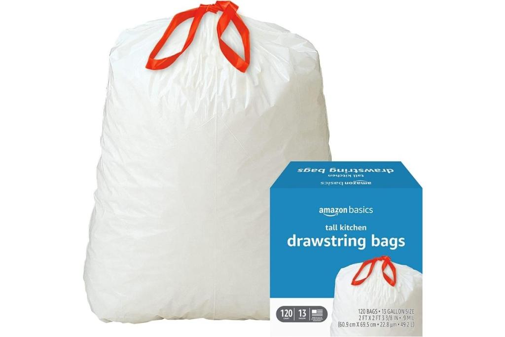 Amazon Basics 13-Gallon Tall Kitchen Drawstring Trash Bags 120-Count