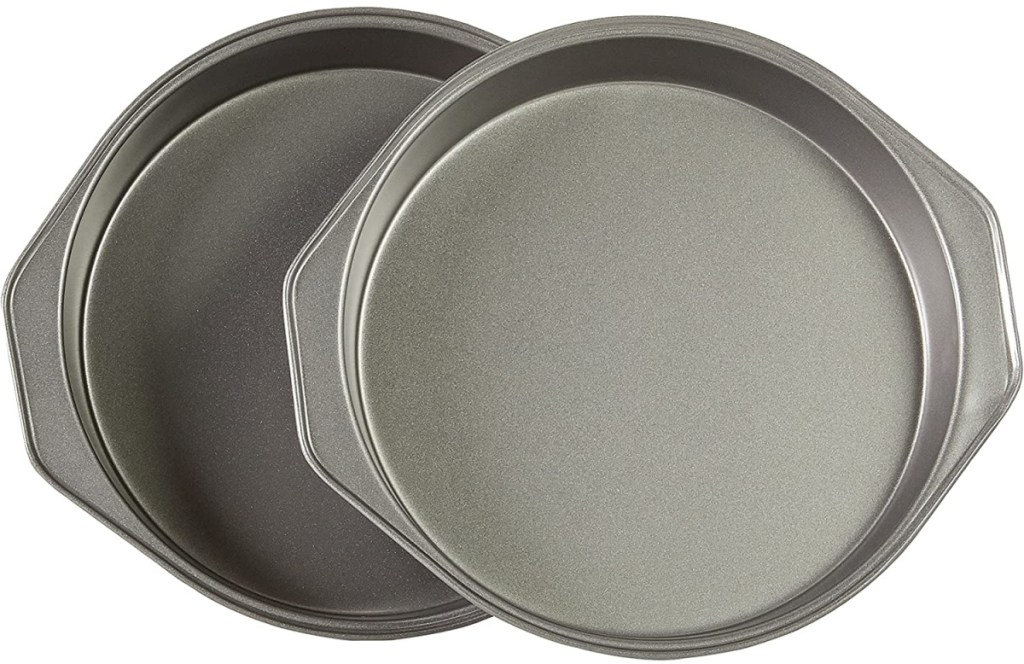 two silver cake pans