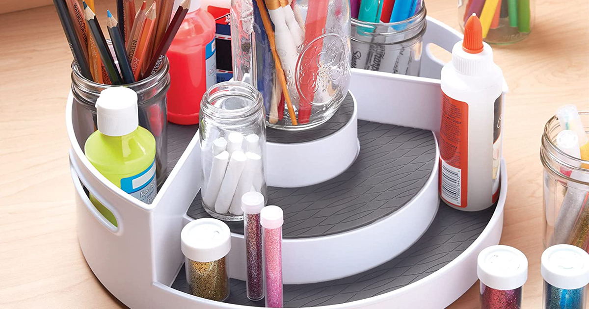 Multi tier lazy susan turntable with school and art supplies