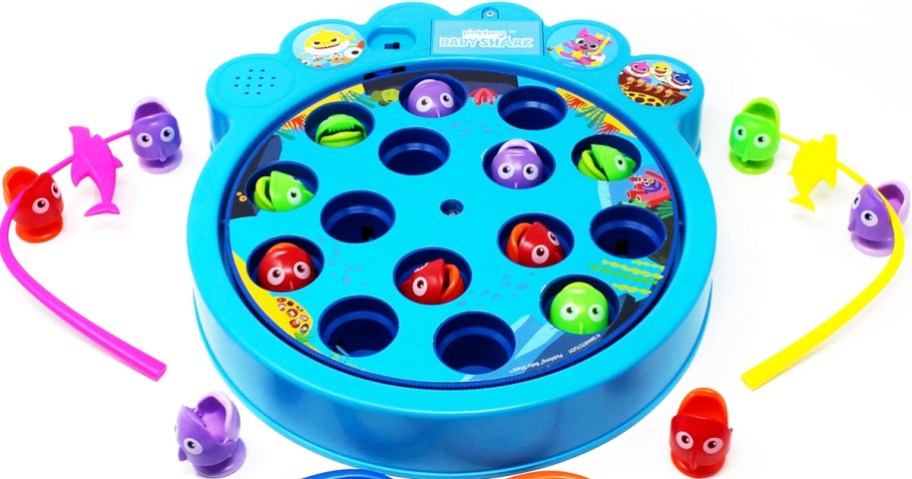blue fishing game with colorful fish and fishing poles
