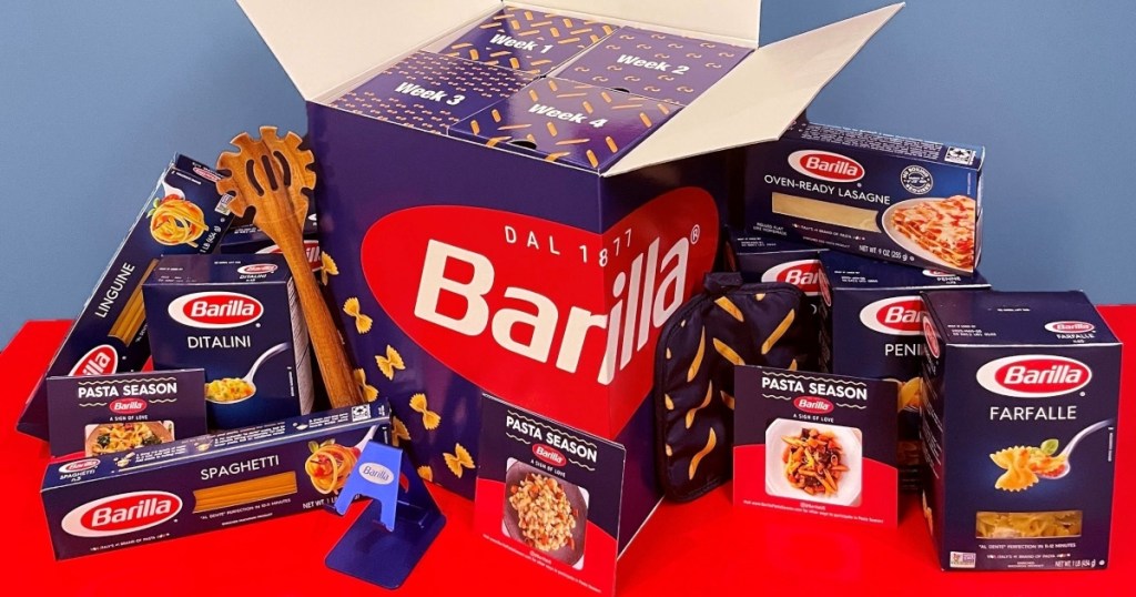 box of Barilla pasta and cooking utensils