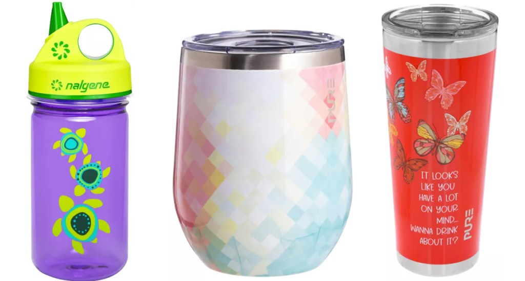 kids water bottle and two stainless steel tumblers